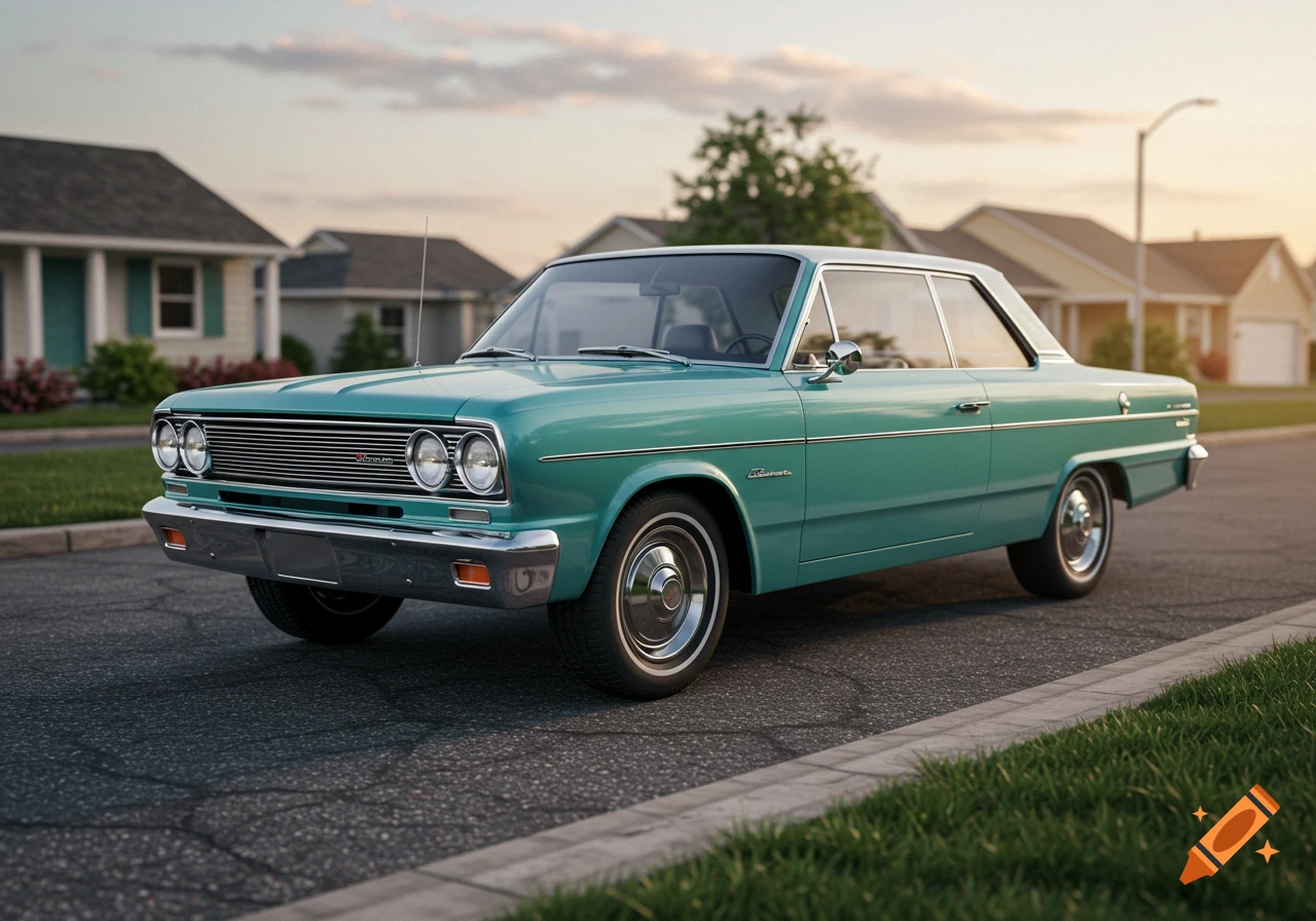A vintage teal AMC Rambler car parked on a suburban street at dusk.