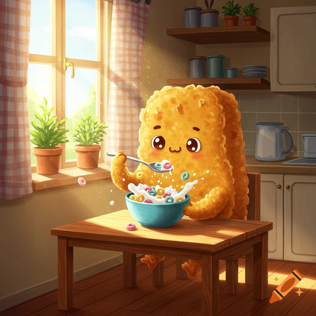 Cute cartoon chicken nugget eating colorful cereal from a blue bowl at a wooden table in a sunny kitchen.
