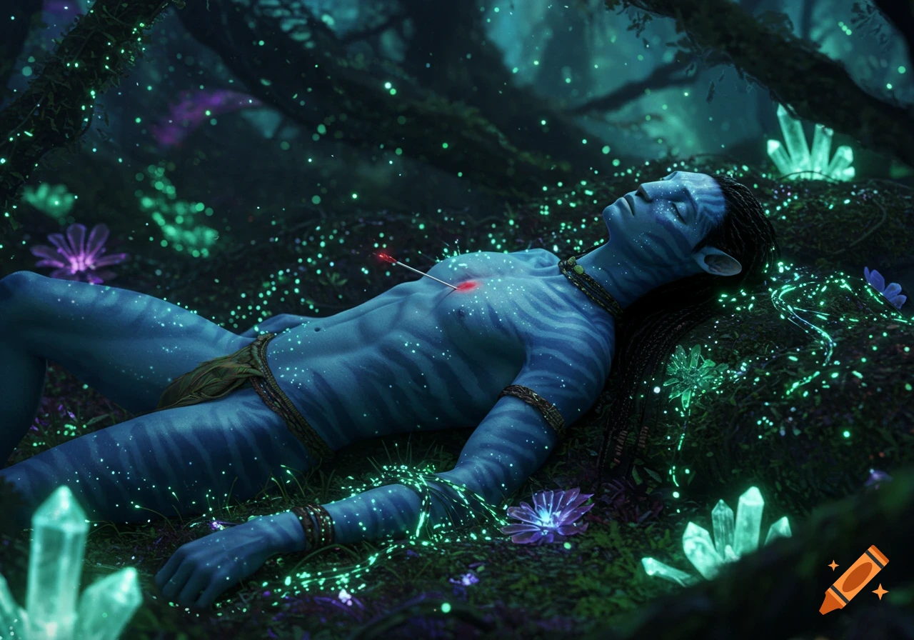A blue Na'vi character lies unconscious on a bioluminescent forest floor with an arrow in their chest, surrounded by glowing plants and crystals.