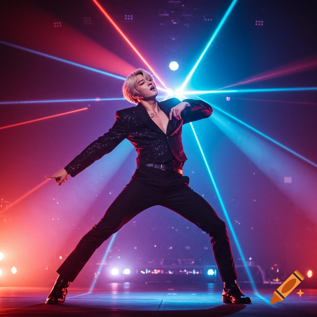 Blonde male K-pop idol in a sparkly jacket dancing energetically on stage with red and blue laser lights.