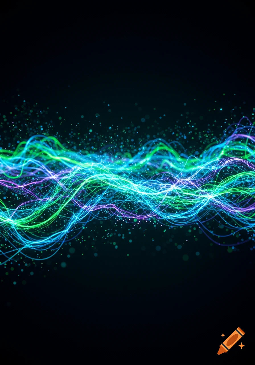 Abstract glowing blue, green, and purple wavy lines with scattered particles on a dark background.