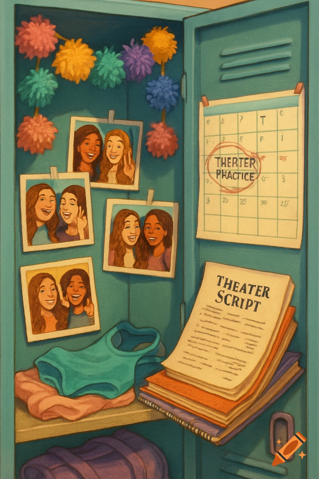 An illustrated school locker with photos of smiling friends, colorful pom-poms, a 'THERTER PRACTICE' calendar, a 'THEATER SCRIPT', and clothes.