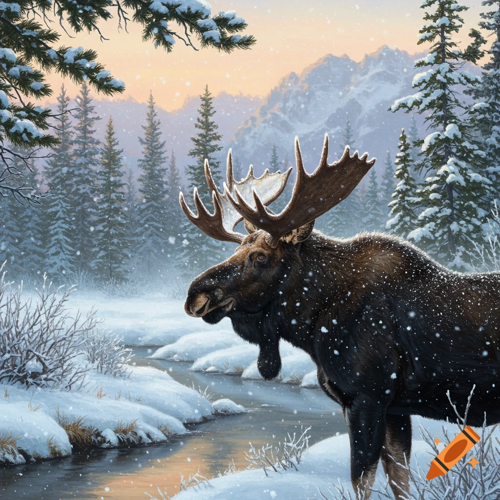 A majestic moose with large antlers stands in a snow-covered forest beside a stream, with mountains and pine trees in the background as snow falls. Photorealistic.