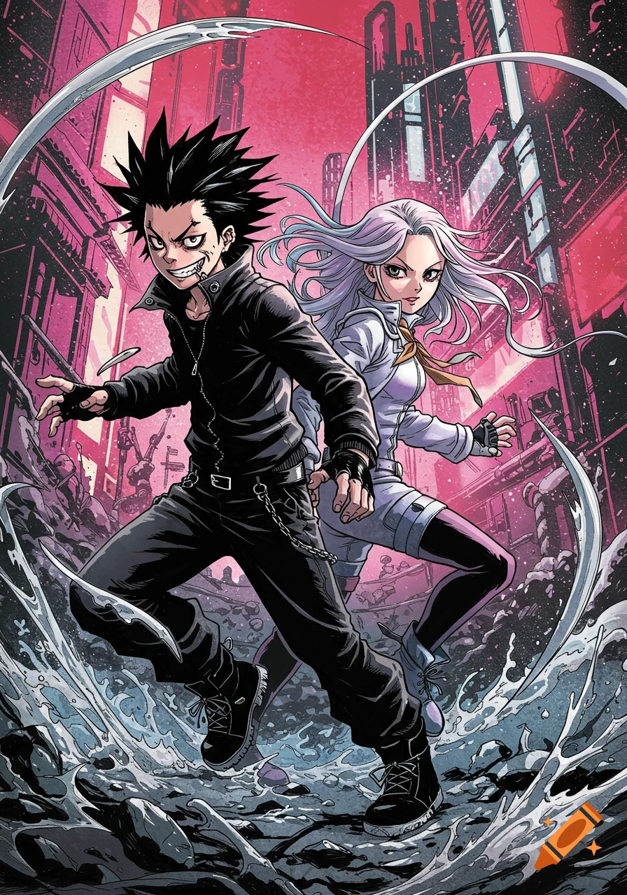 Two dynamic anime-style characters, a dark-haired male and a white-haired female, in action poses with energy effects, against a vibrant pink city background.