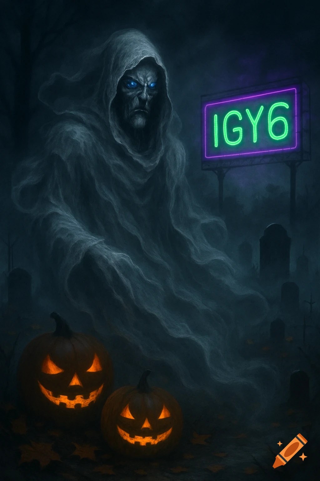 A spooky ghost with glowing blue eyes floats in a misty graveyard with two glowing jack-o'-lanterns and a neon 'IGY6' sign.