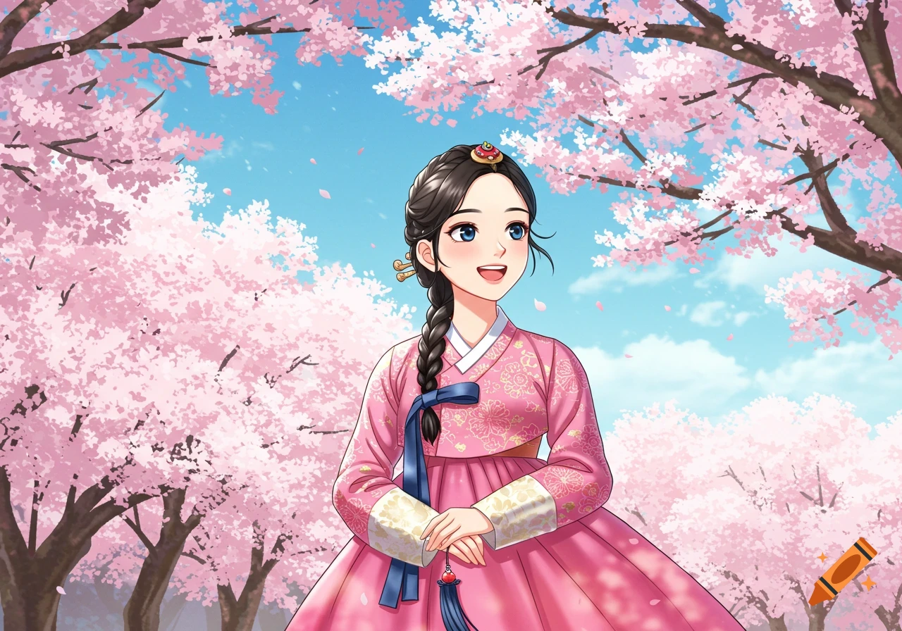 A cartoon of a smiling young Korean woman in a pink hanbok standing among cherry blossom trees under a blue sky.