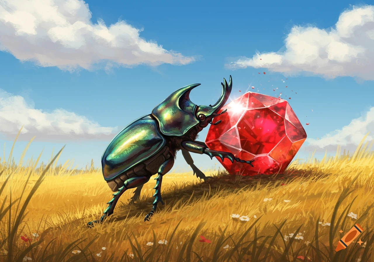 A metallic green dung beetle pushing a large red ruby uphill through a golden grassy field under a blue sky.