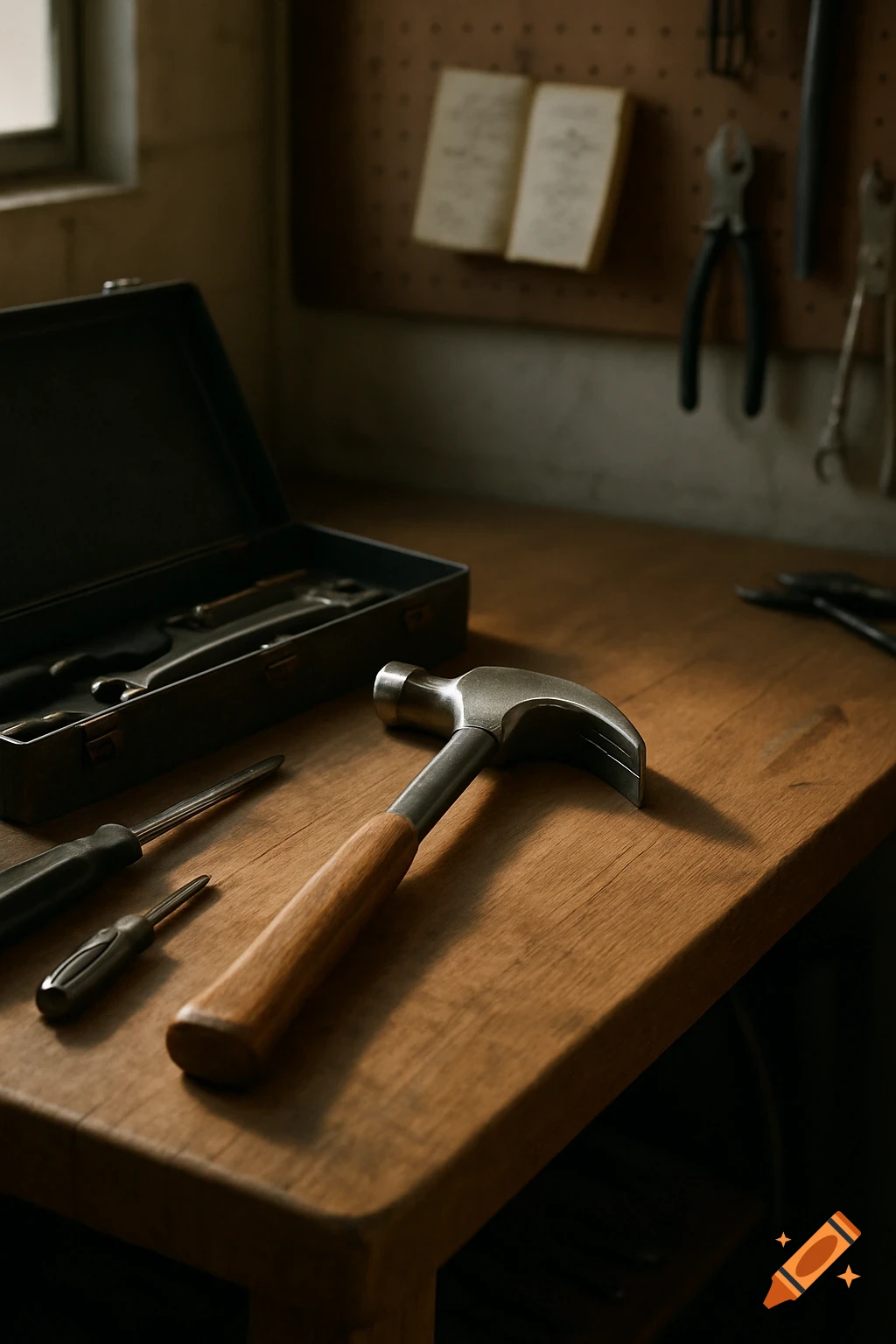 Photorealistic image of a hammer and screwdrivers on a wooden workbench, with a toolbox and blurred notebook in the background.