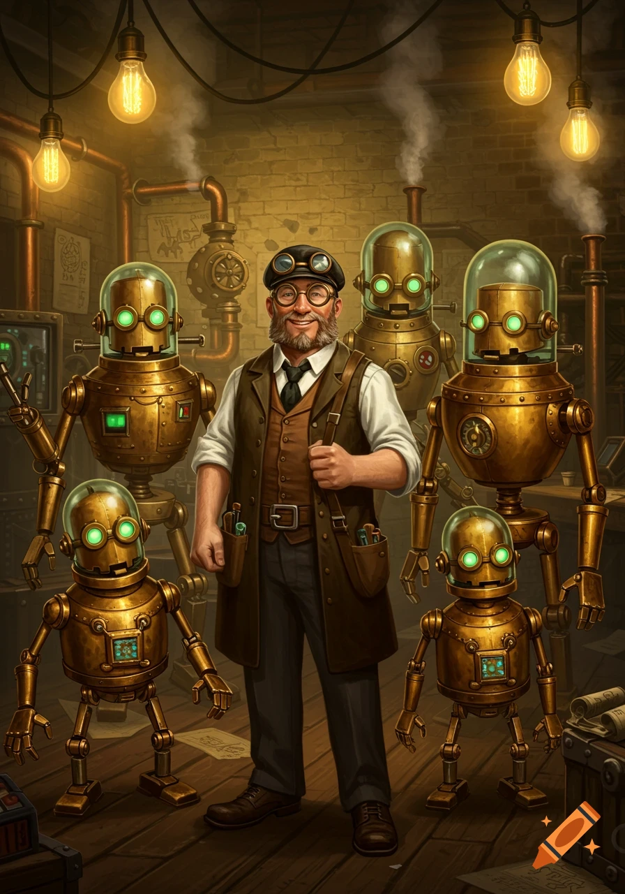 A smiling steampunk inventor stands among his brass robots in a dimly lit workshop.