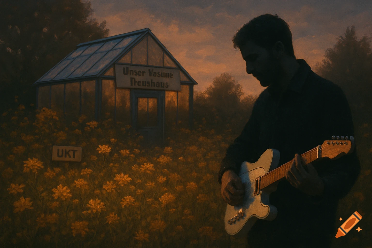 A man in silhouette plays a white electric guitar in a field of yellow flowers at dusk, with a greenhouse and trees in the background.