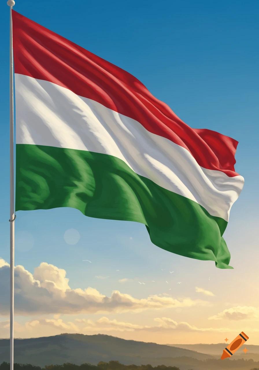 Illustrative painting of the Hungarian flag waving on a pole against a bright blue sky with clouds and distant mountains at sunset.