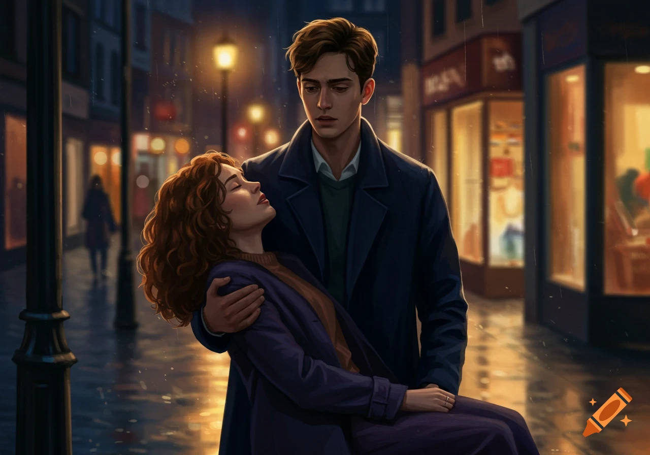 An illustrated scene of a man holding an unconscious woman in his arms on a rainy city street at night.