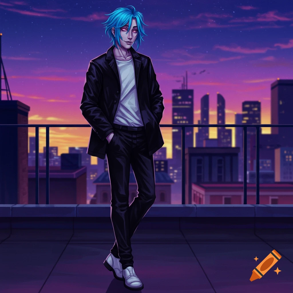 A stylized man with blue hair and pink eyes, wearing a black jacket and white shirt, stands on a city rooftop at sunset.