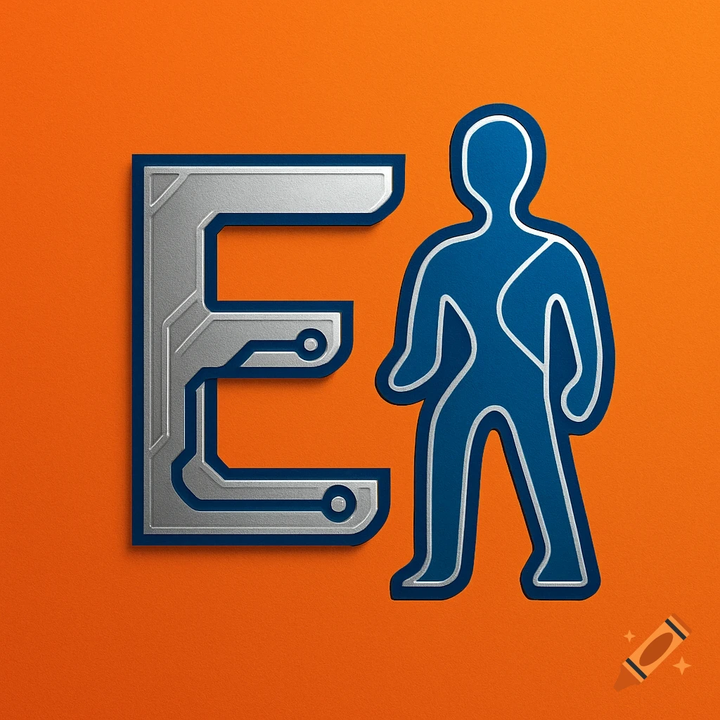 A stylized silver letter E with circuit board details next to a blue outline of a walking person, all on an orange background.