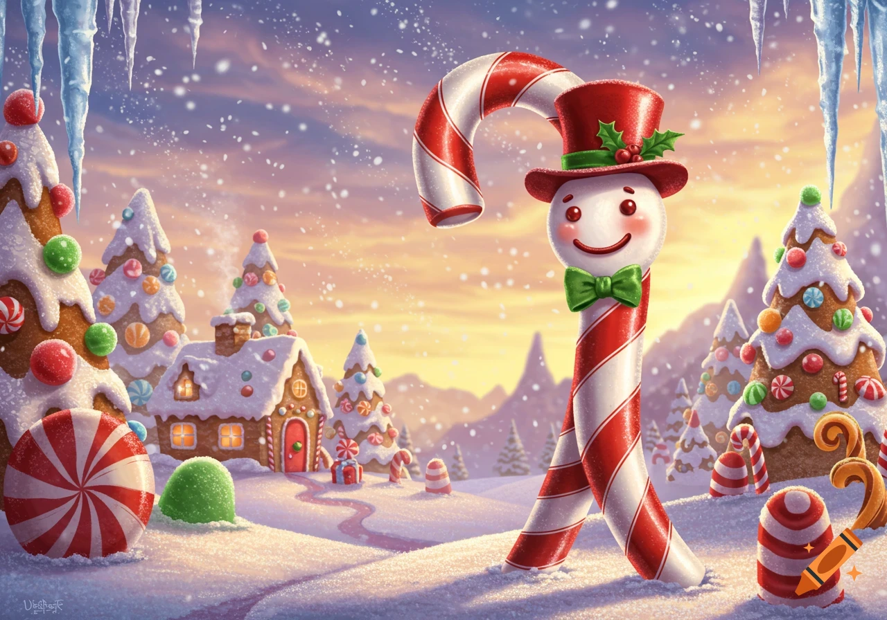 A happy candy cane man in a festive, whimsical gingerbread village under a snowy sky, surrounded by candy trees and icicles.
