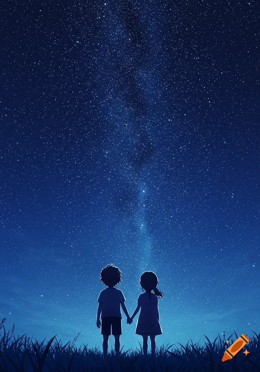 Silhouettes of a boy and a girl holding hands, looking at a vast, bright starry night sky from a grassy hill, anime style.