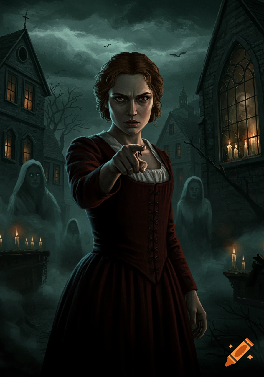 A stern, red-eyed woman in a red dress points forward in a dark, foggy old town with ghostly figures, in a digital painting style.