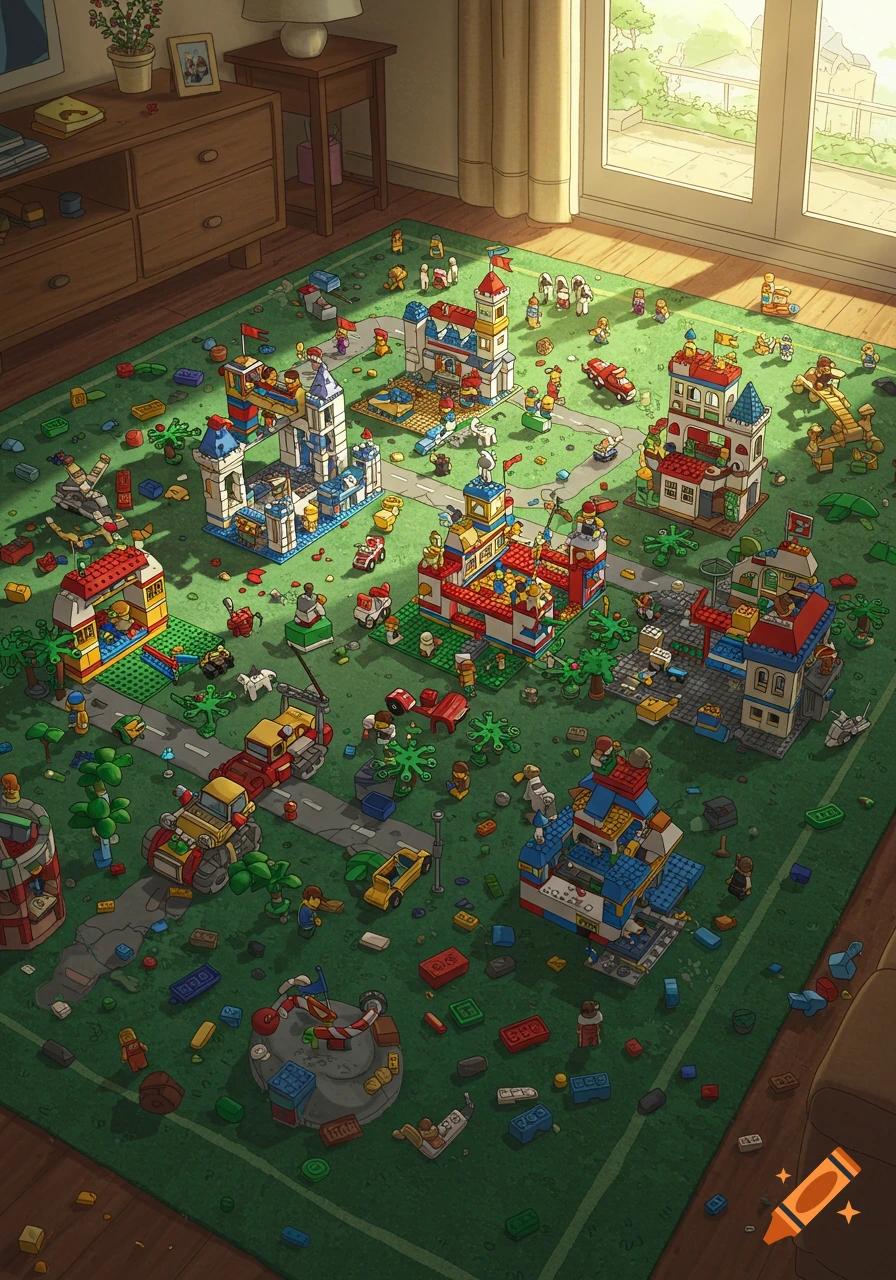 An overhead view of a sunlit room with a green rug covered in colorful Lego castles, vehicles, and minifigures, depicting a busy play scene.
