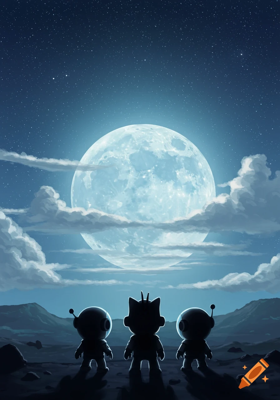 Three small, silhouetted figures stand on a barren planet, gazing up at a huge, glowing full moon and a starry night sky.