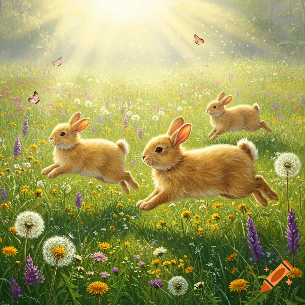 Three brown bunnies hop through a sunlit field of colorful wildflowers and dandelions.