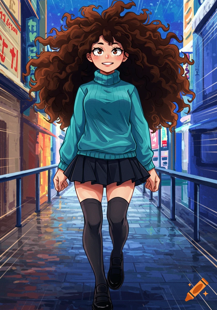 An anime girl with voluminous curly brown hair and a teal turtleneck, black skirt, and thigh-high socks walks down a city street at night.