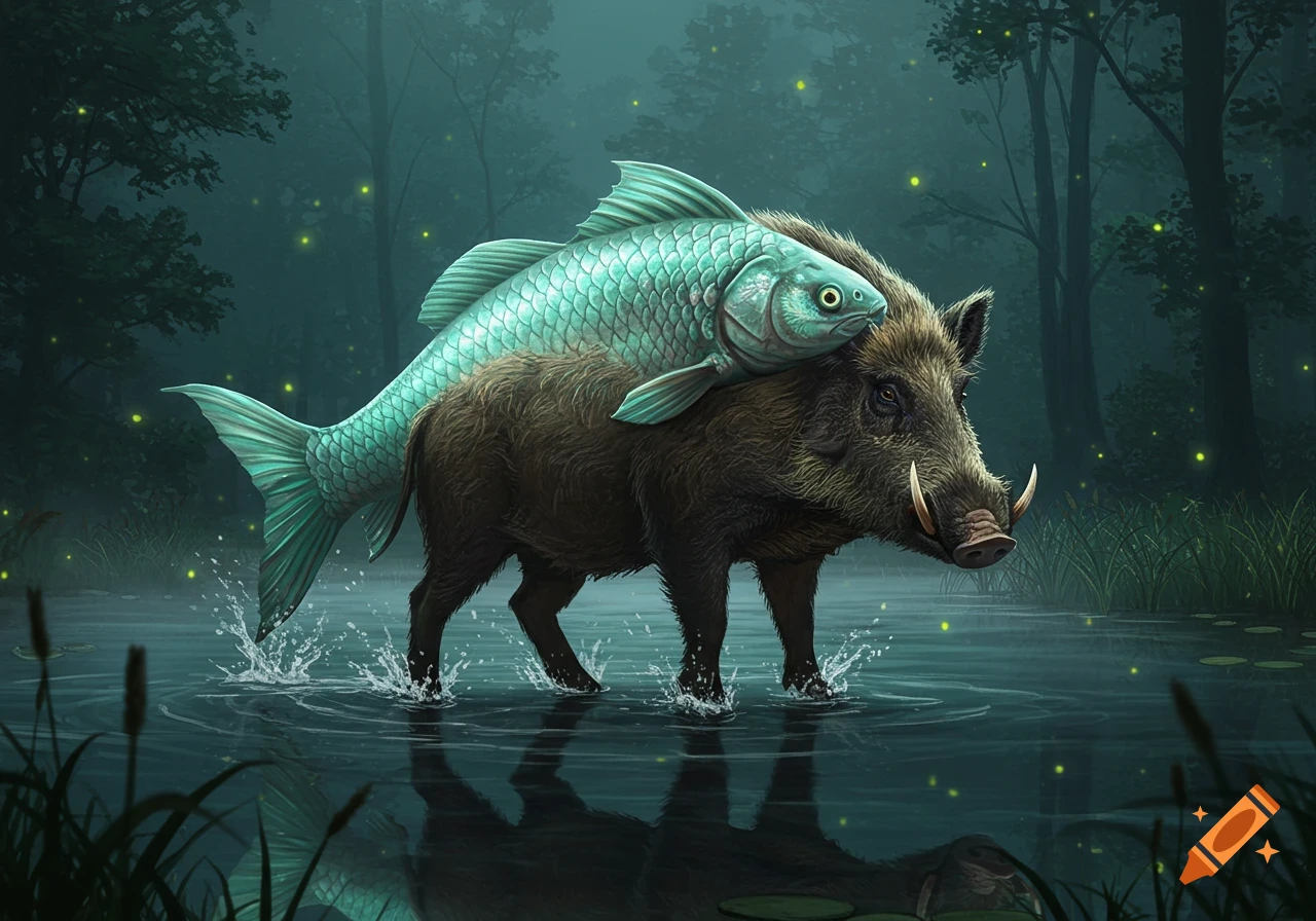 A wild boar carrying a large blue-green fish on its back, wading through a mystical, firefly-lit forest pond. Digital painting.