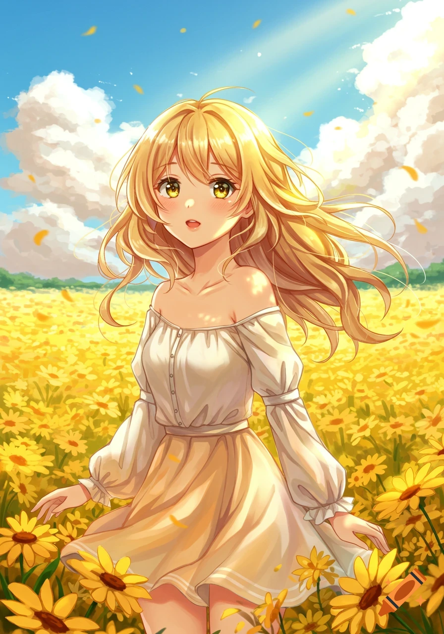 An anime woman with blonde hair and yellow eyes smiles in a white top and yellow skirt, standing in a sunny field of yellow flowers.