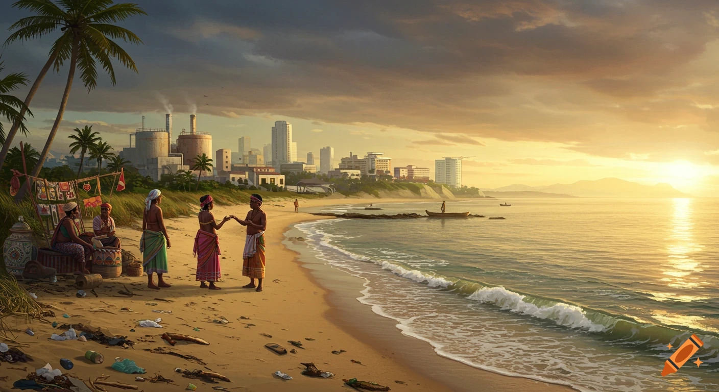 Digital painting of people on a littered tropical beach with an industrial city and sunset in the background.