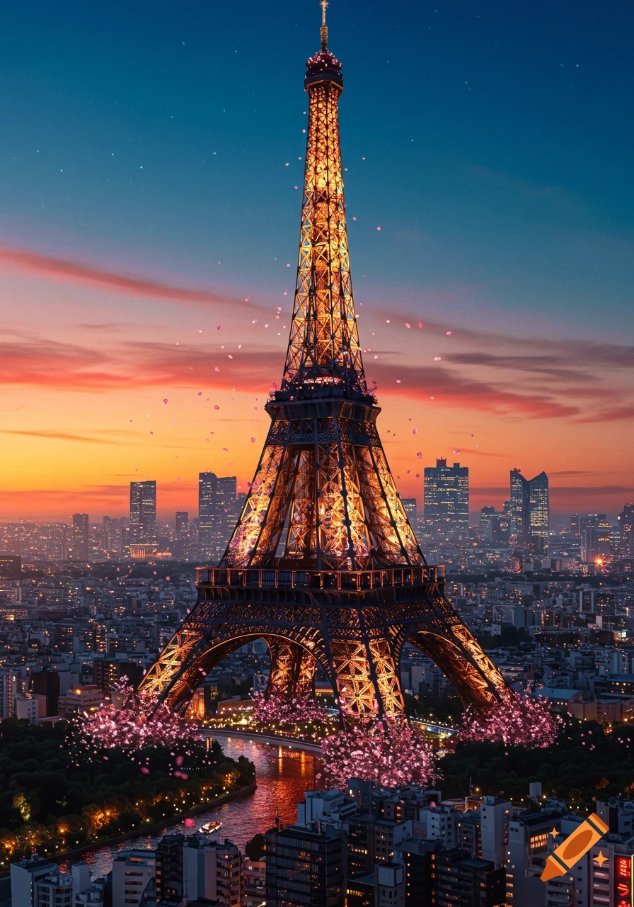 Illuminated Eiffel Tower at sunset with pink petals falling, overlooking a vibrant city.