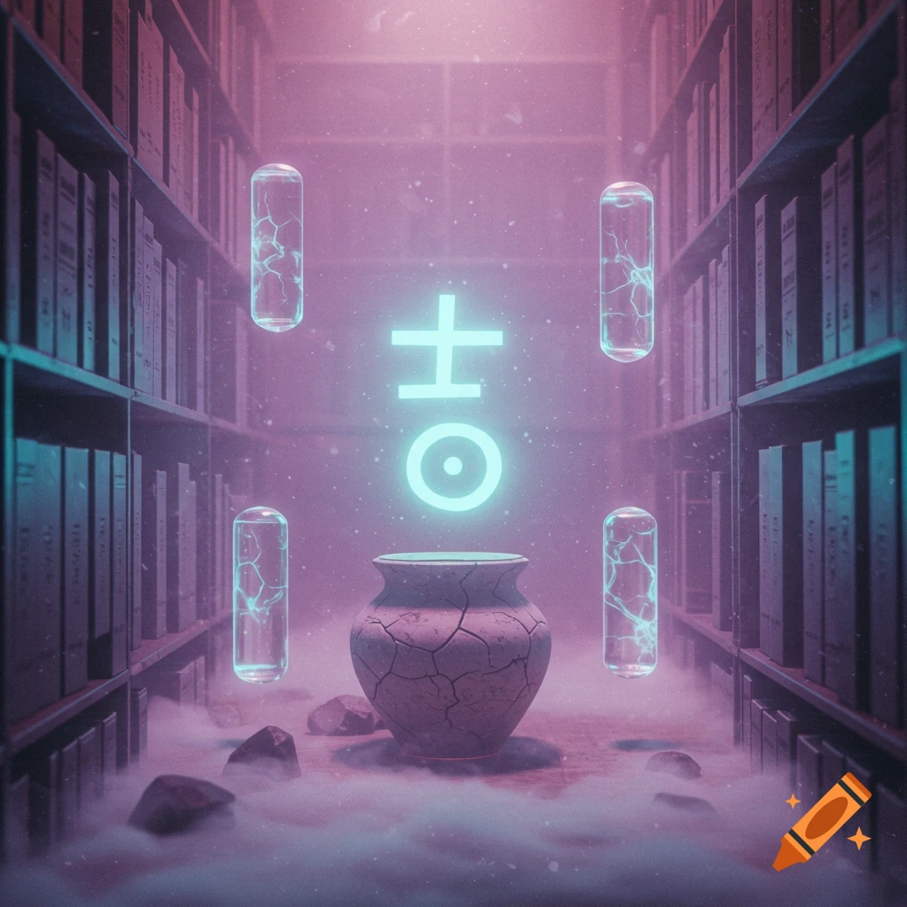 A glowing cyan glyph above a cracked pot, flanked by floating capsules, in a dusty, purple-lit library with pastel fog.