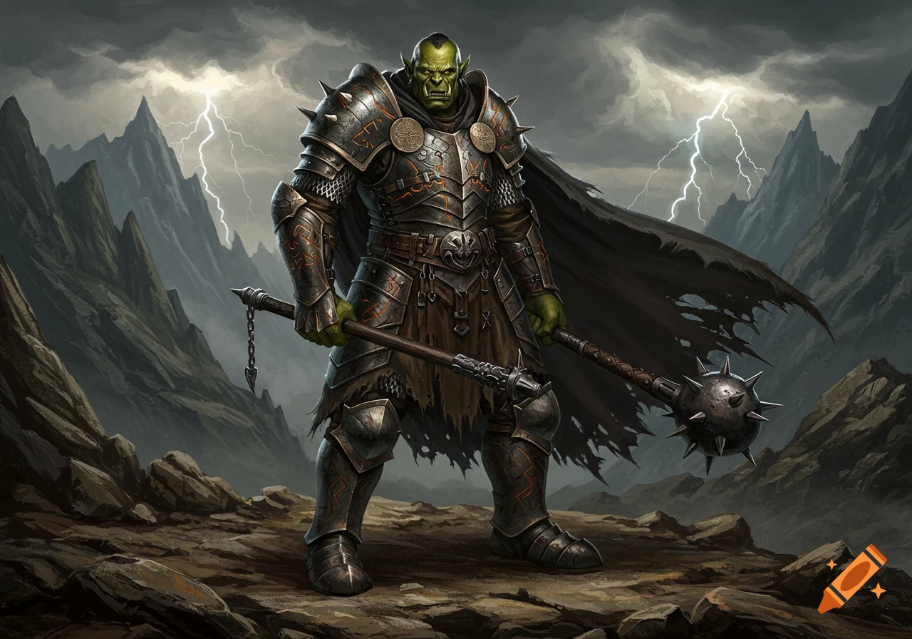 A heavily armored green-skinned orc warrior stands on rocky ground, holding a large mace, with stormy mountains and lightning in the background. Fantasy art style.
