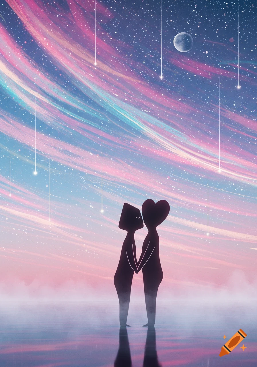 Two stylized dark silhouettes, one with a triangle head and one with a heart head, kiss under a vibrant pink and blue starry night sky with a moon and sparkling stars.