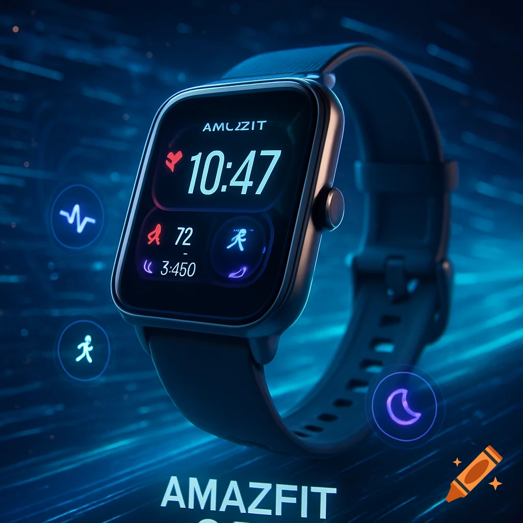 A futuristic smartwatch floats mid-air, displaying time and health stats, surrounded by glowing digital icons on a blue background.
