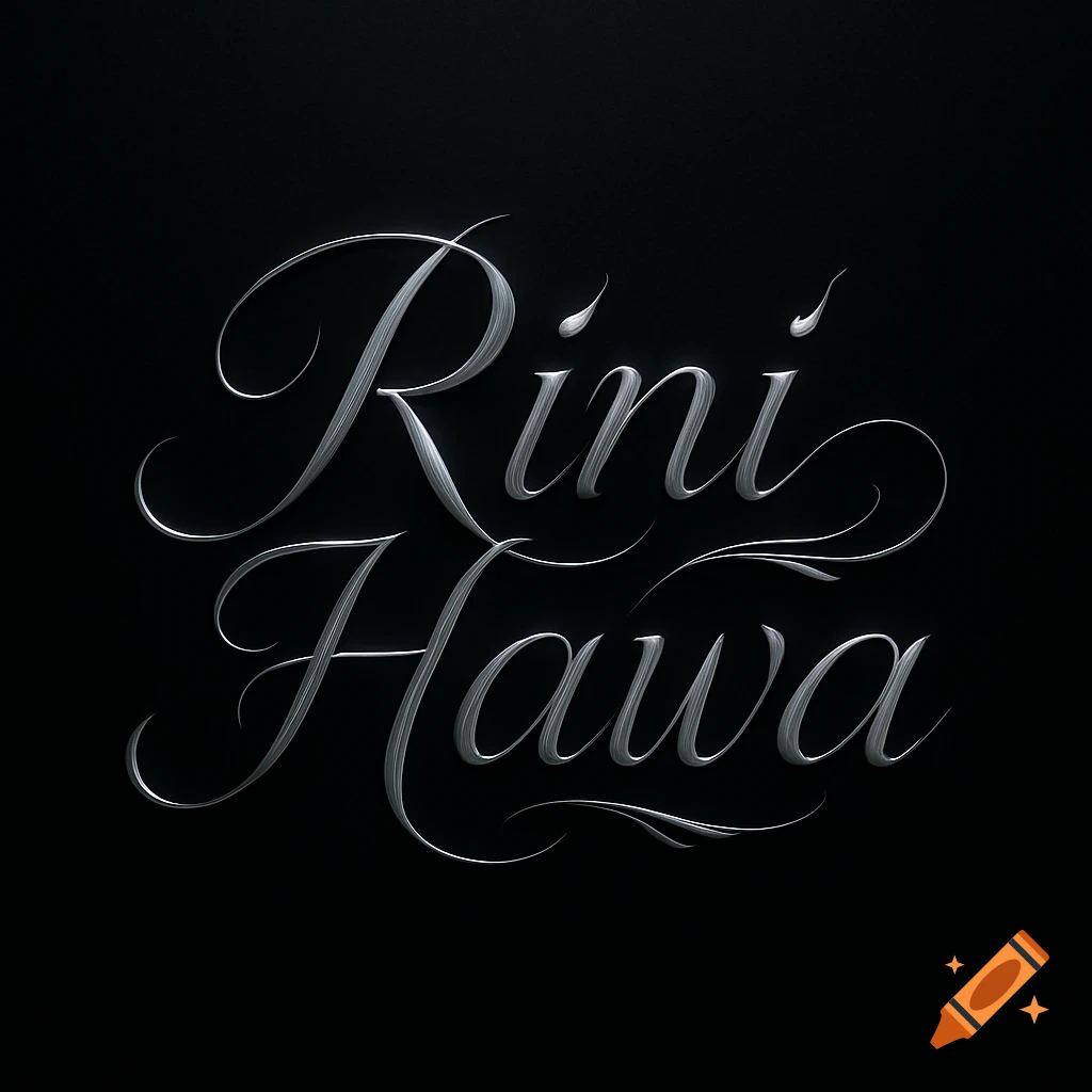 Silver metallic cursive text 'Rini Hawa' on a black background, with fine textured lines within the letters.