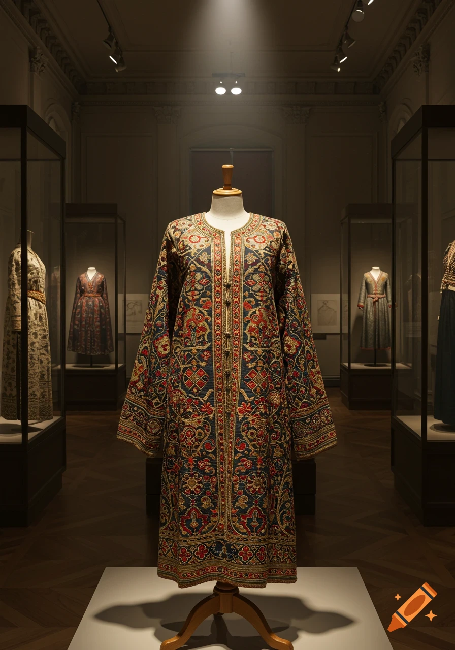 An intricately embroidered red, blue, and gold tunic displayed on a mannequin in a dimly lit museum exhibition hall.