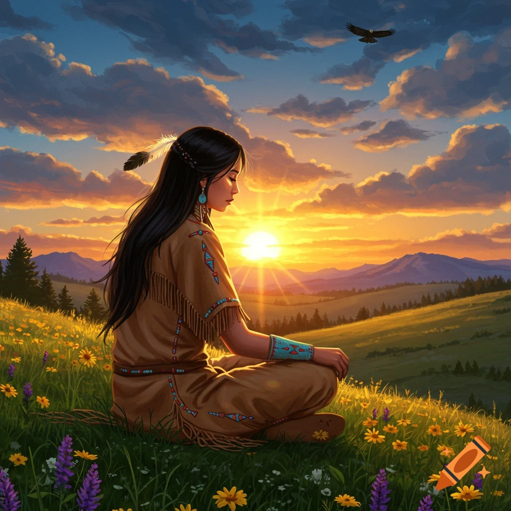 A Native American girl sits in a vibrant flower field, gazing at a radiant sunset over mountains, with an eagle flying above.