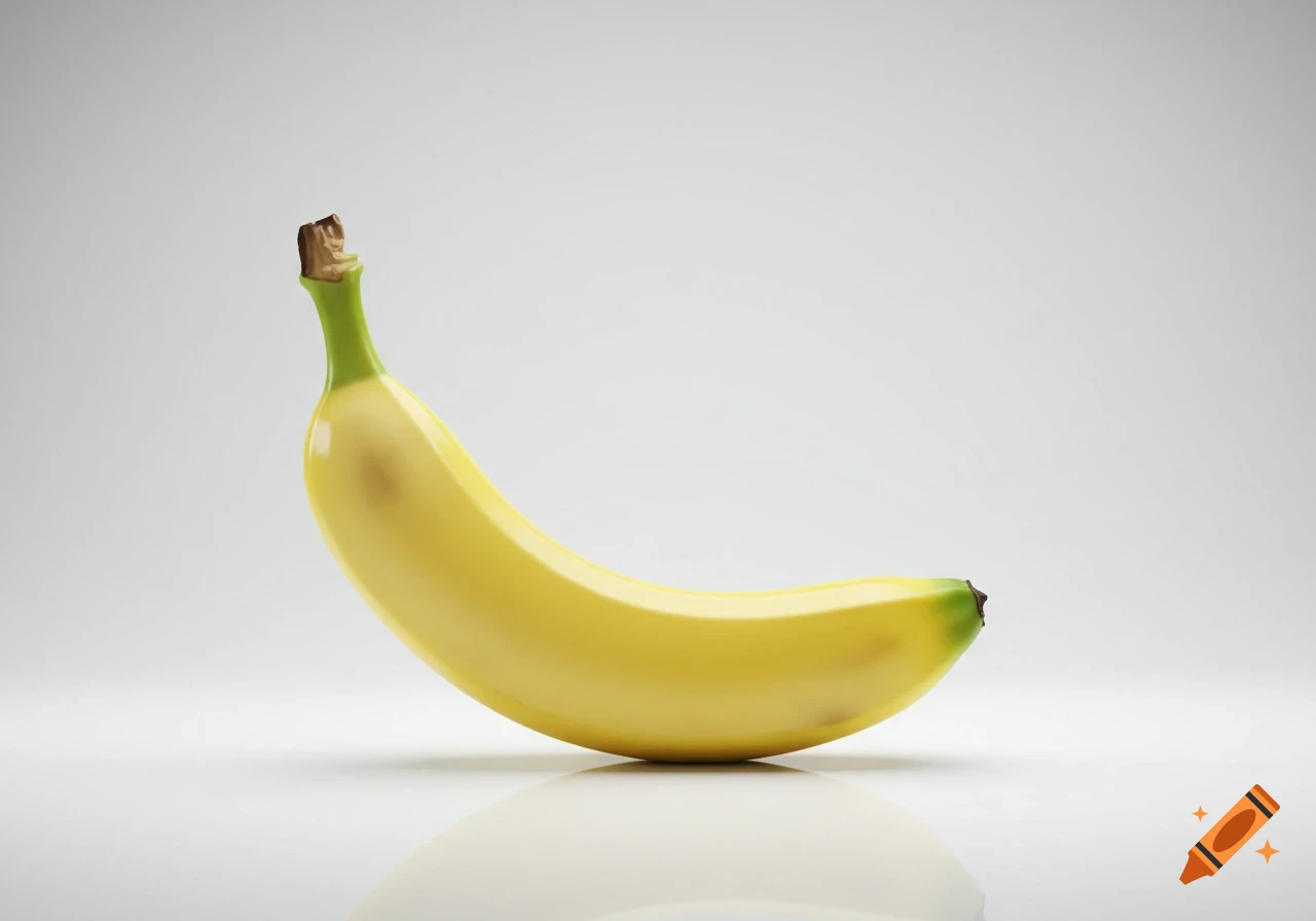 A ripe yellow banana on a white background with a subtle reflection below it, presented in a clean, minimalist style.