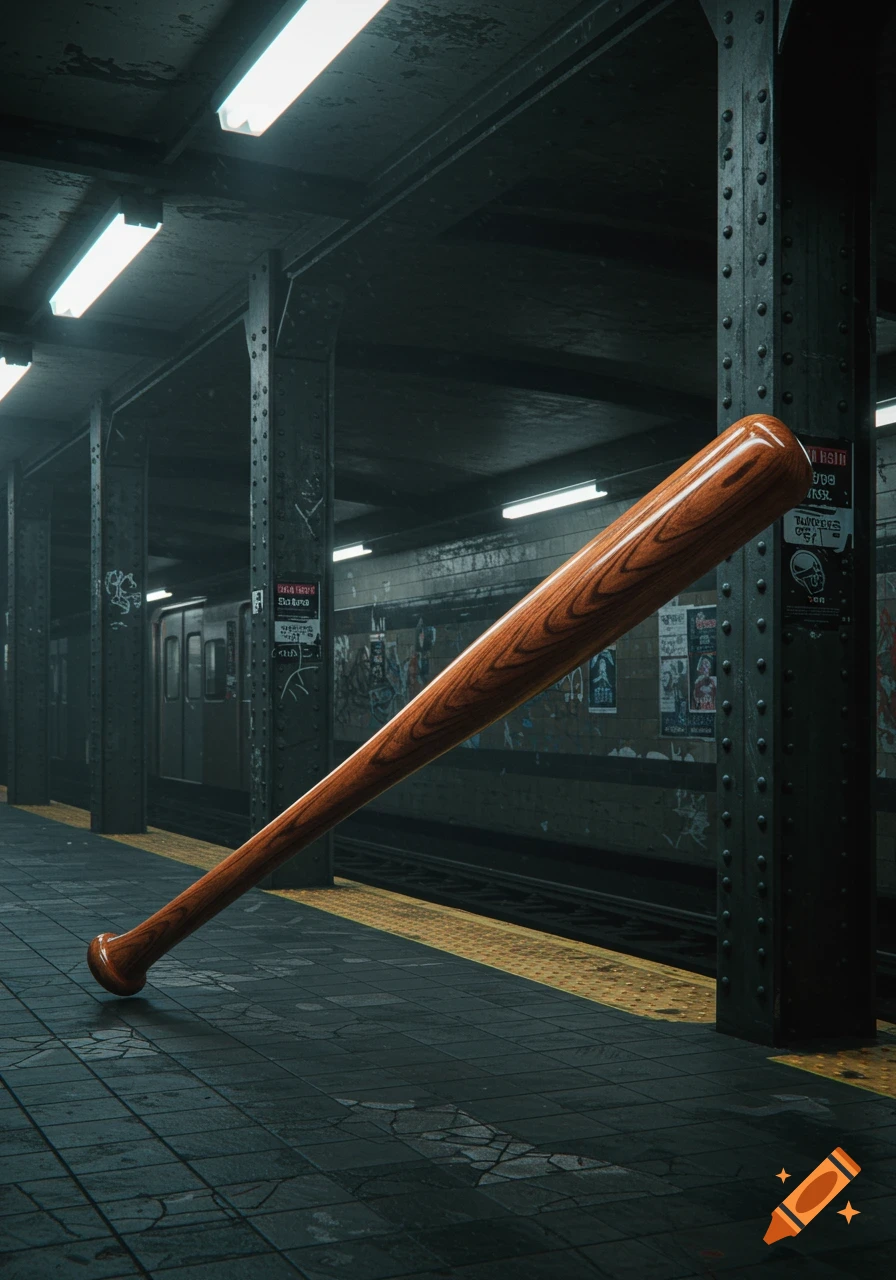 A glossy wooden baseball bat leans against a pillar in a dark, gritty subway station, a train visible in the background.
