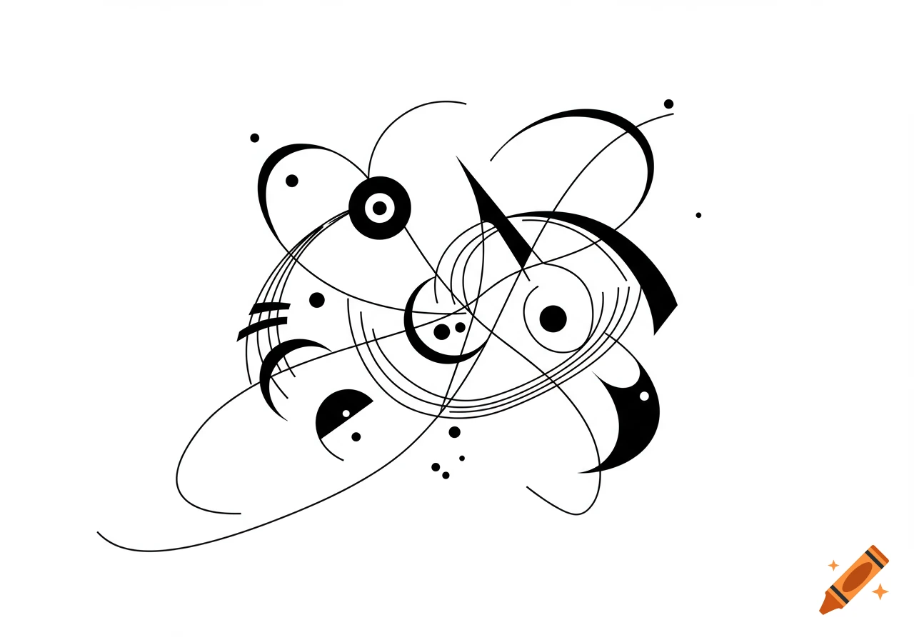 Abstract black and white line art composition in Kandinsky style, featuring intersecting lines, circles, and solid shapes.