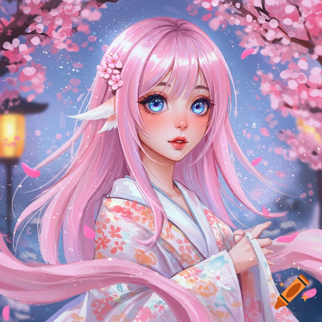 An anime girl with long pink hair and bright blue eyes, wearing a floral kimono, stands under falling pink cherry blossoms at night.