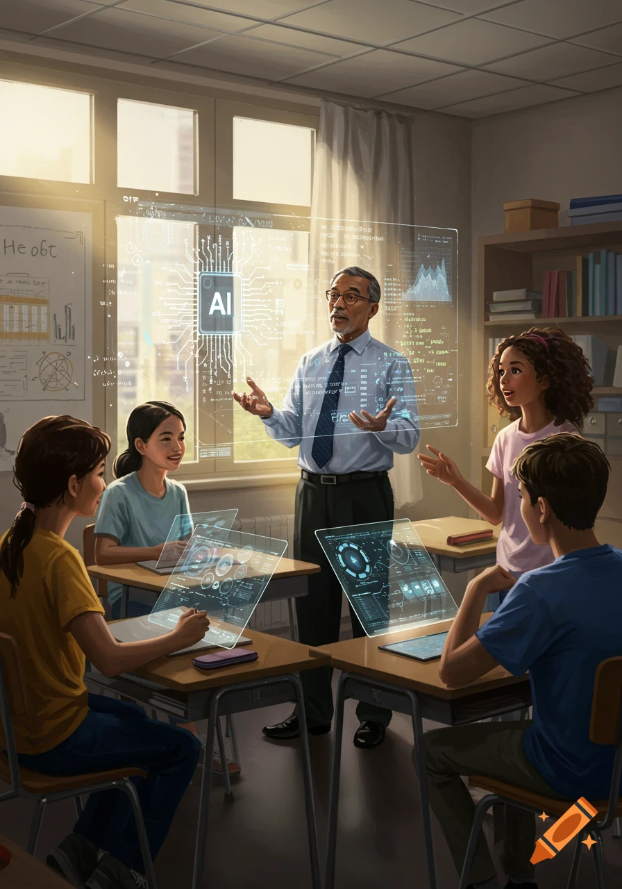 An illustration of a teacher explaining AI to students in a modern classroom, with holographic displays showing circuits and data.
