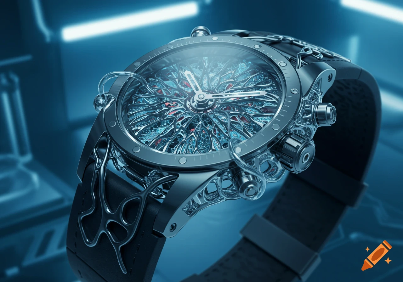 Close-up of a futuristic silver watch with an intricate, organic, gyroid-like blue and red mechanism and a black strap.