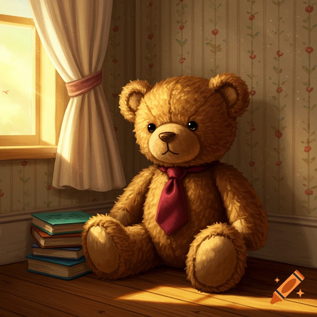 A brown teddy bear with a red tie sits on a wooden floor next to a window and a stack of books, bathed in warm sunlight.