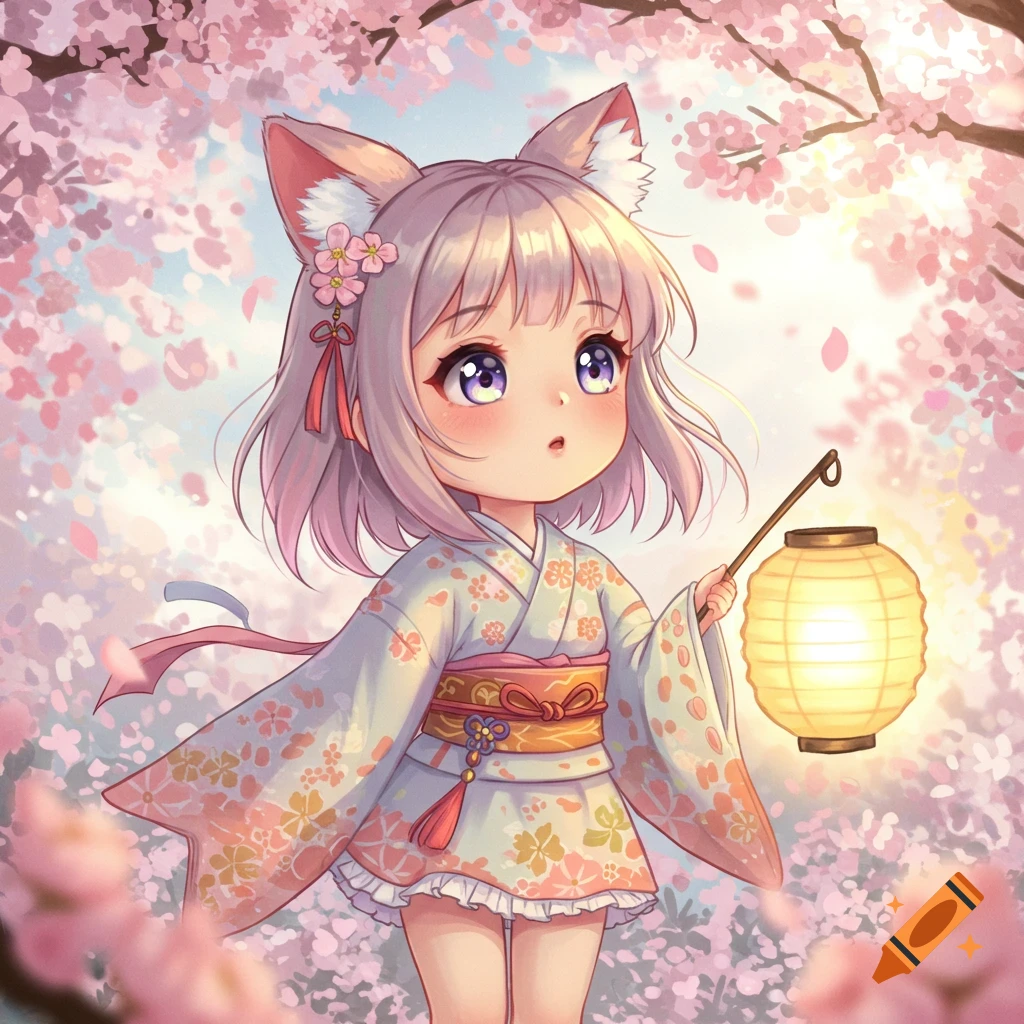 An adorable anime girl with cat ears in a kimono holds a lantern amidst cherry blossoms.