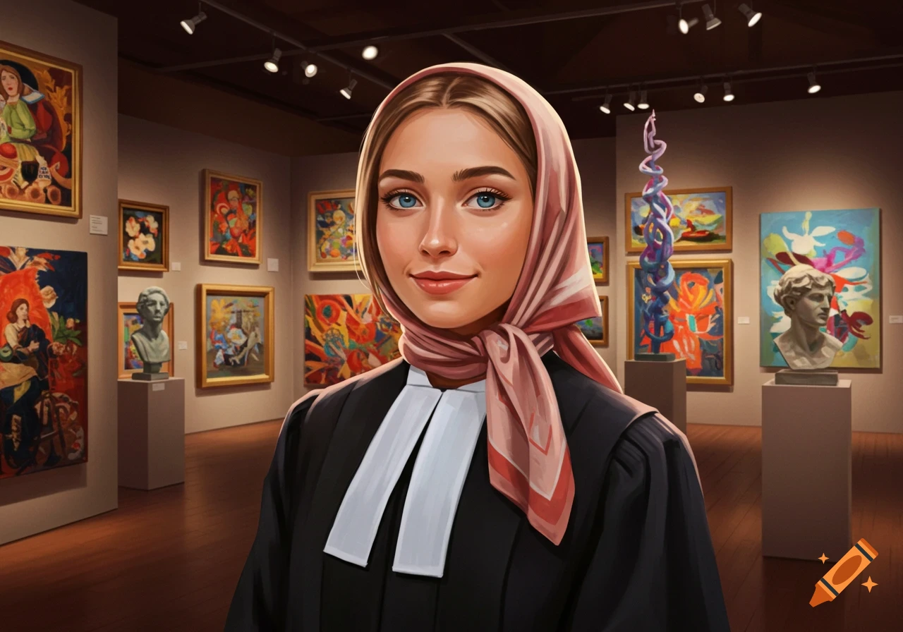 A smiling young woman with blue eyes, wearing a pink headscarf and a barrister's robe, stands in an art gallery.