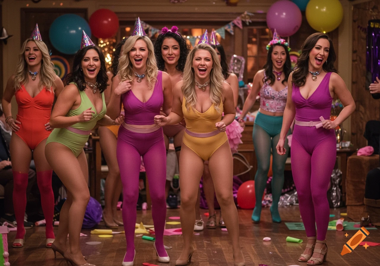 A group of smiling women in colorful leotards and tights play a bachelorette party game indoors, photorealistic.