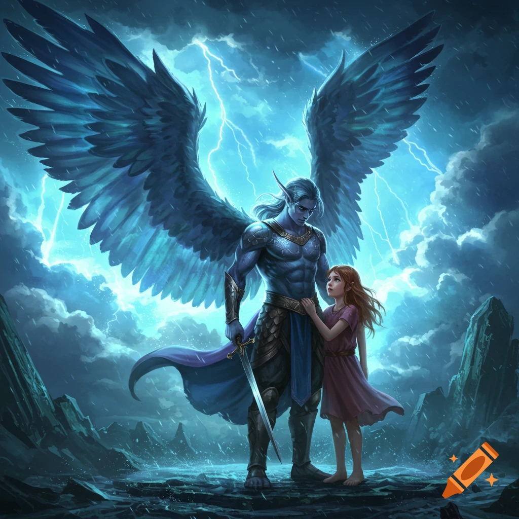 A winged blue-skinned hero with a sword protects a young girl under a stormy, lightning sky. Fantasy art.