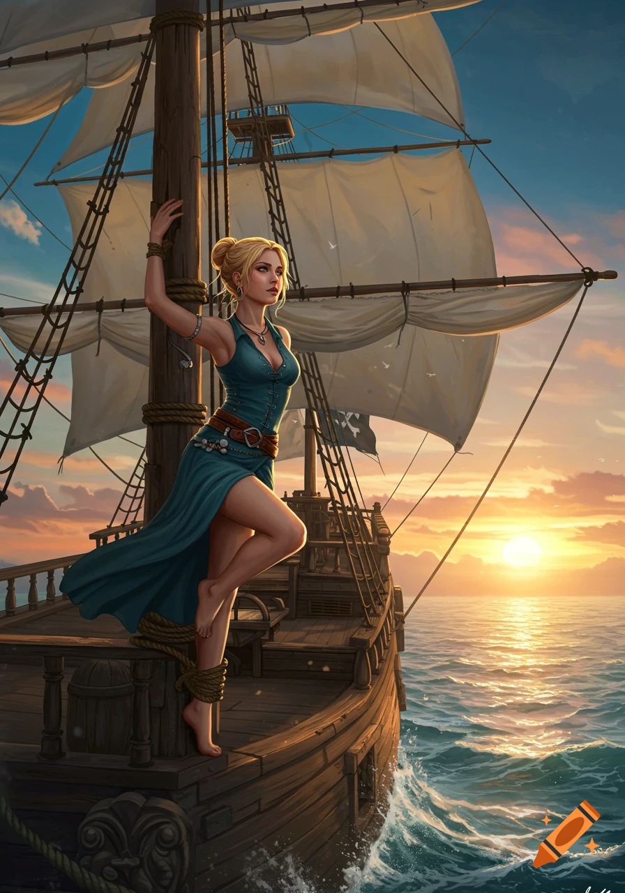 A blonde woman in a teal dress, tied to a pirate ship's mast, gazes at a sunset over the ocean, in an illustrative style.