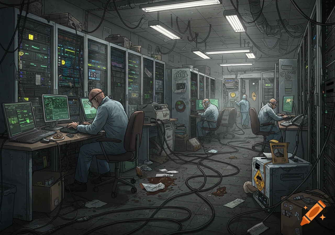 Stylized illustration of a messy and unsafe server room with multiple technicians working at computers amidst tangled wires.