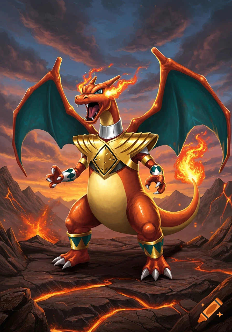 A Charizard, armored in gold and silver like a Power Ranger, stands on a fiery volcanic landscape with lava flows.